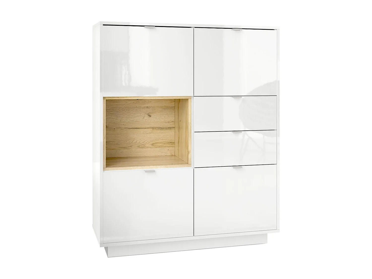 Credenza Metro, struttura in bianco lucido / frontale in bianco lucido con inserto in rovere naturale