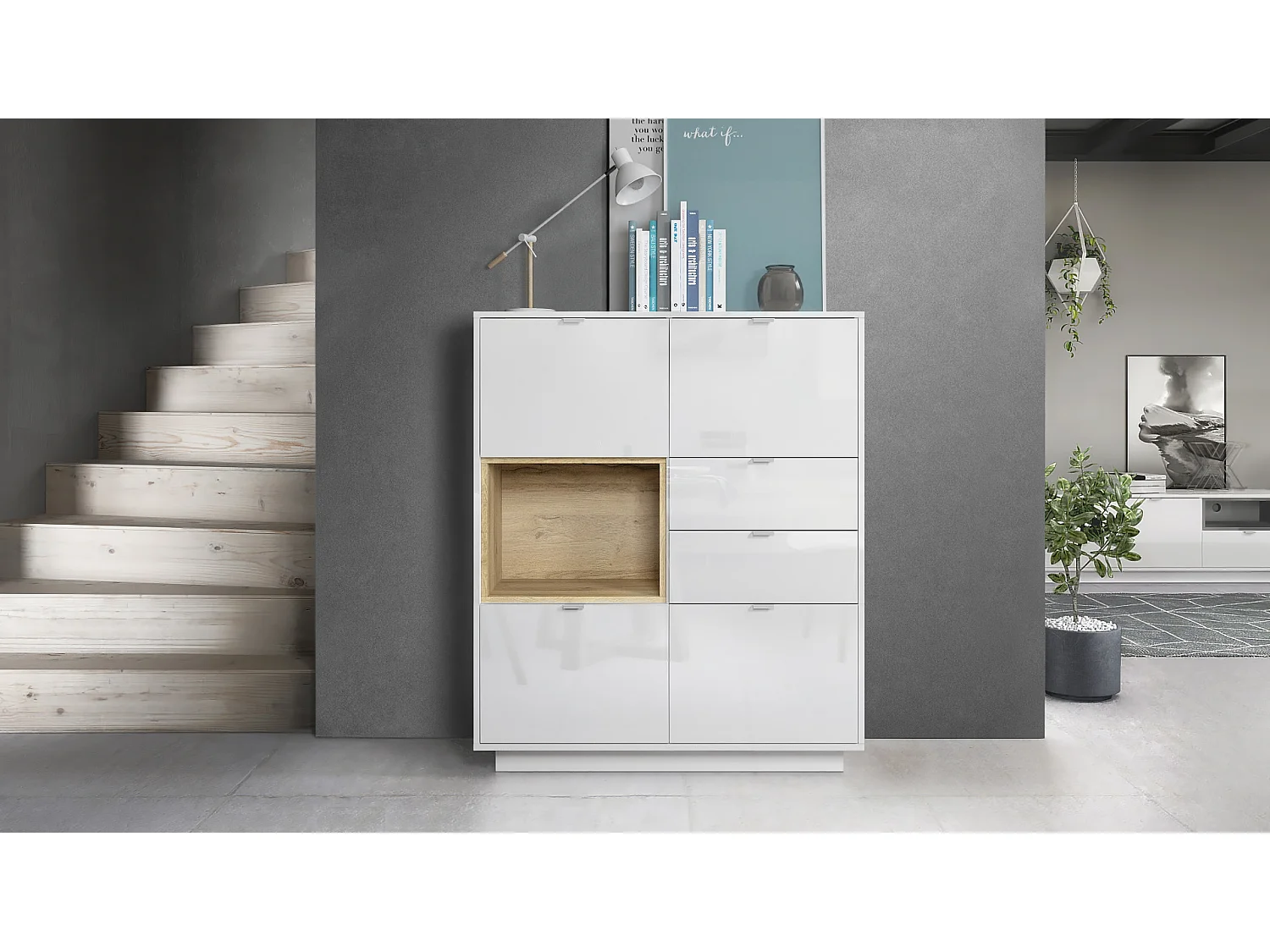 Credenza Metro, struttura in bianco lucido / frontale in bianco lucido con inserto in rovere naturale