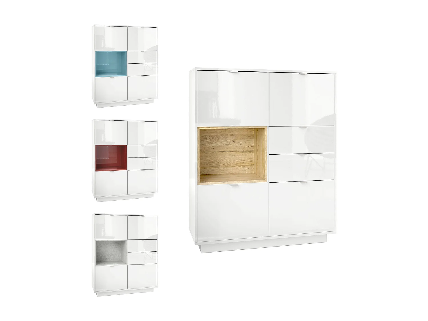 Credenza Metro, struttura in bianco lucido / frontale in bianco lucido con inserto in rovere naturale