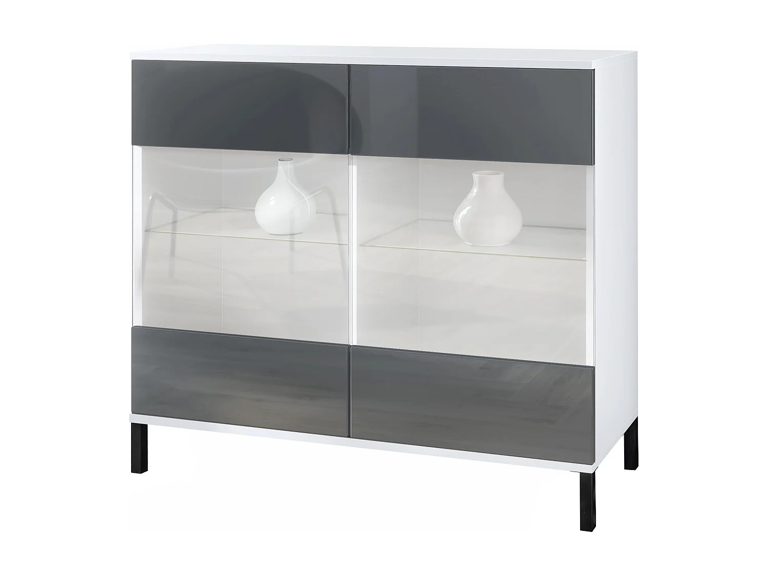 Commode Bari V3, Armoire de cuisine moderne avec 2 grandes portes vitrées blanc mat / gris haute brillance (92,5 x 83.5 x 35)