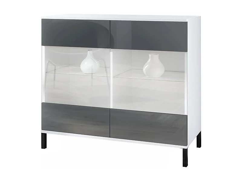 Commode Bari V3, Armoire de cuisine moderne avec 2 grandes portes vitrées blanc mat / gris haute brillance (92,5 x 83.5 x 35)