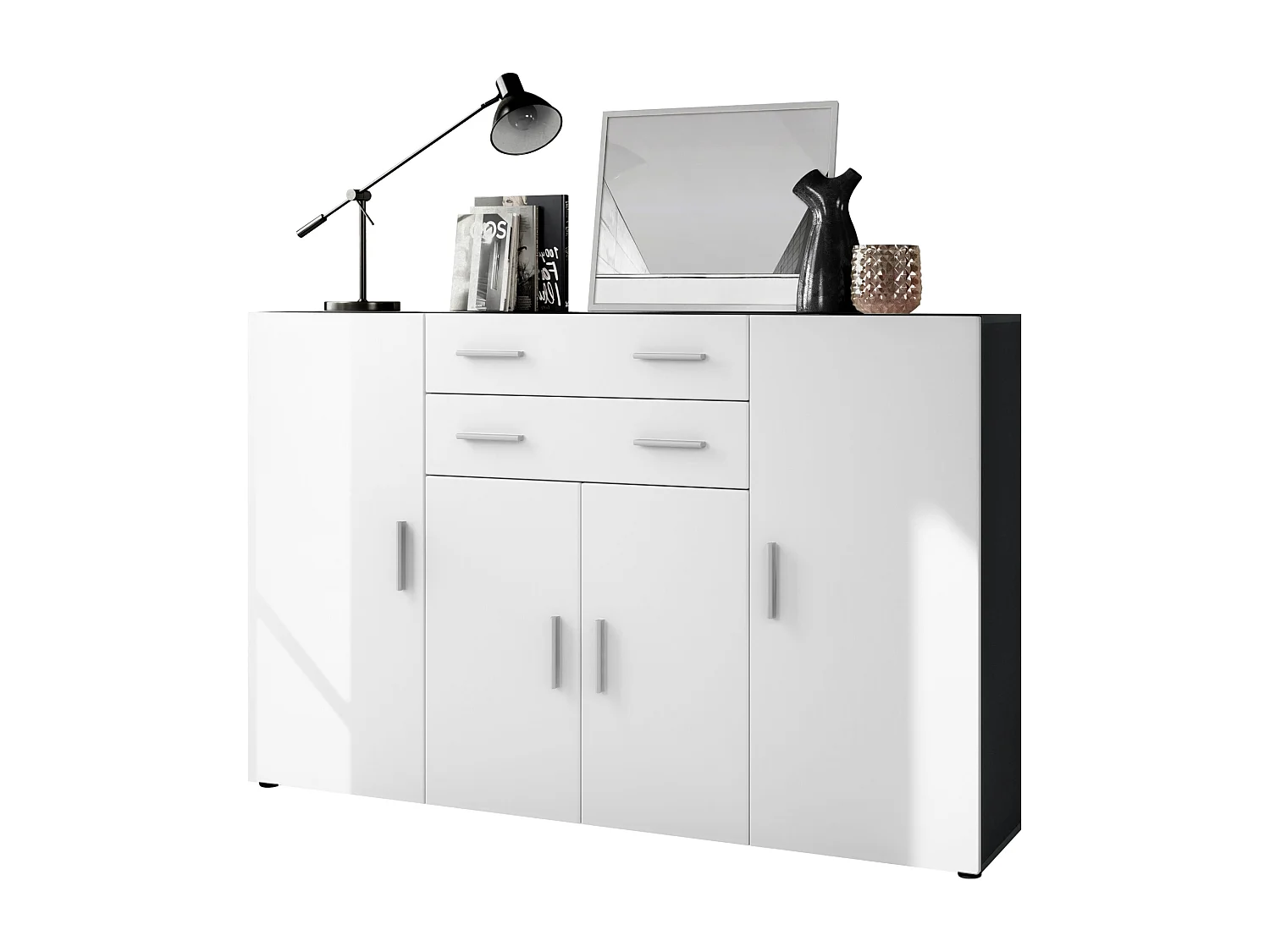 Le Buffet Haut Aron bahut avec 2 tiroirs et 4 portes avec un total de 8 compartiments derrière, anthracite mat/blanc mat (166,5 x 106,5 x 35 cm)