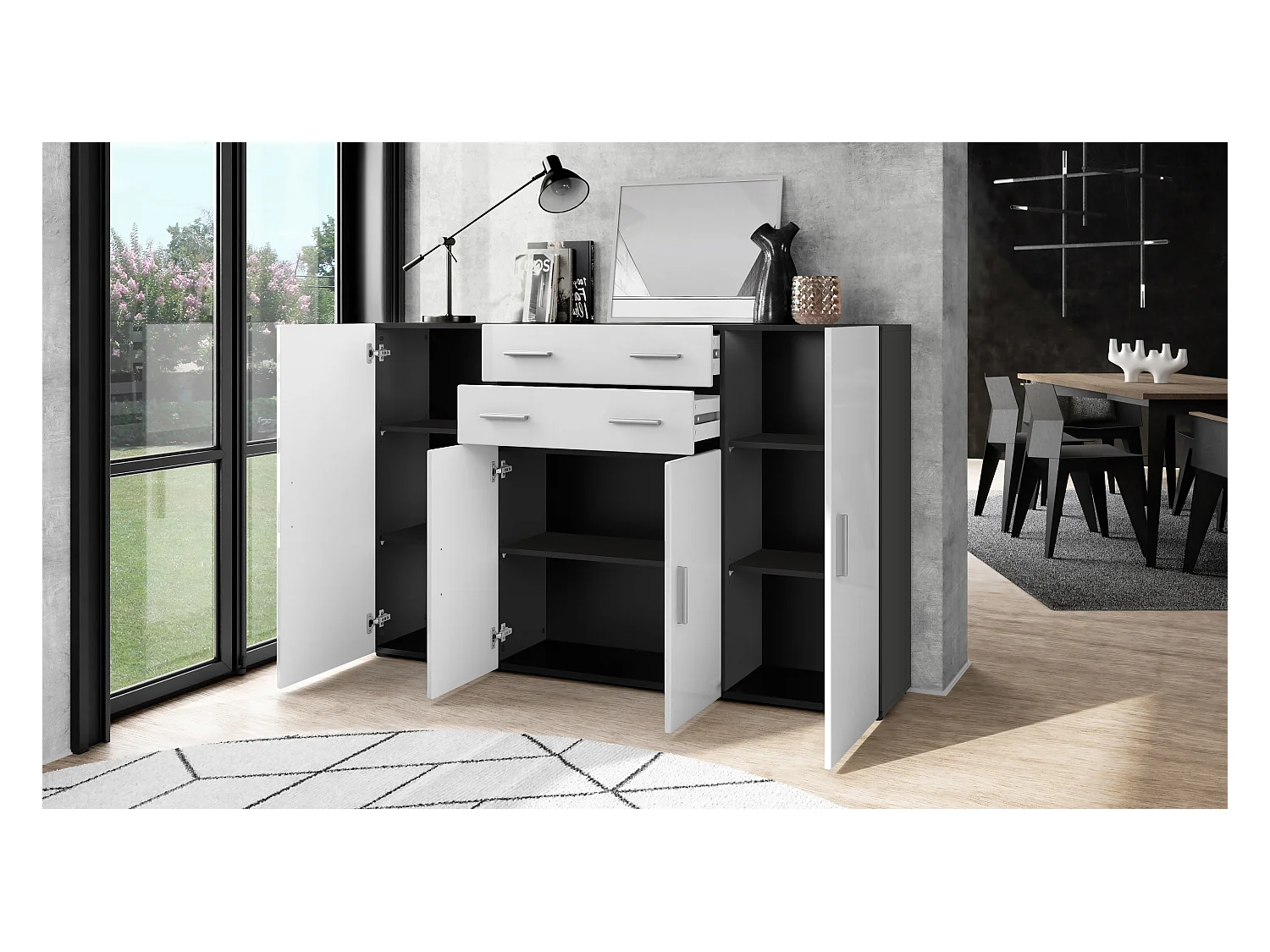 Le Buffet Haut Aron bahut avec 2 tiroirs et 4 portes avec un total de 8 compartiments derrière, anthracite mat/blanc mat (166,5 x 106,5 x 35 cm)