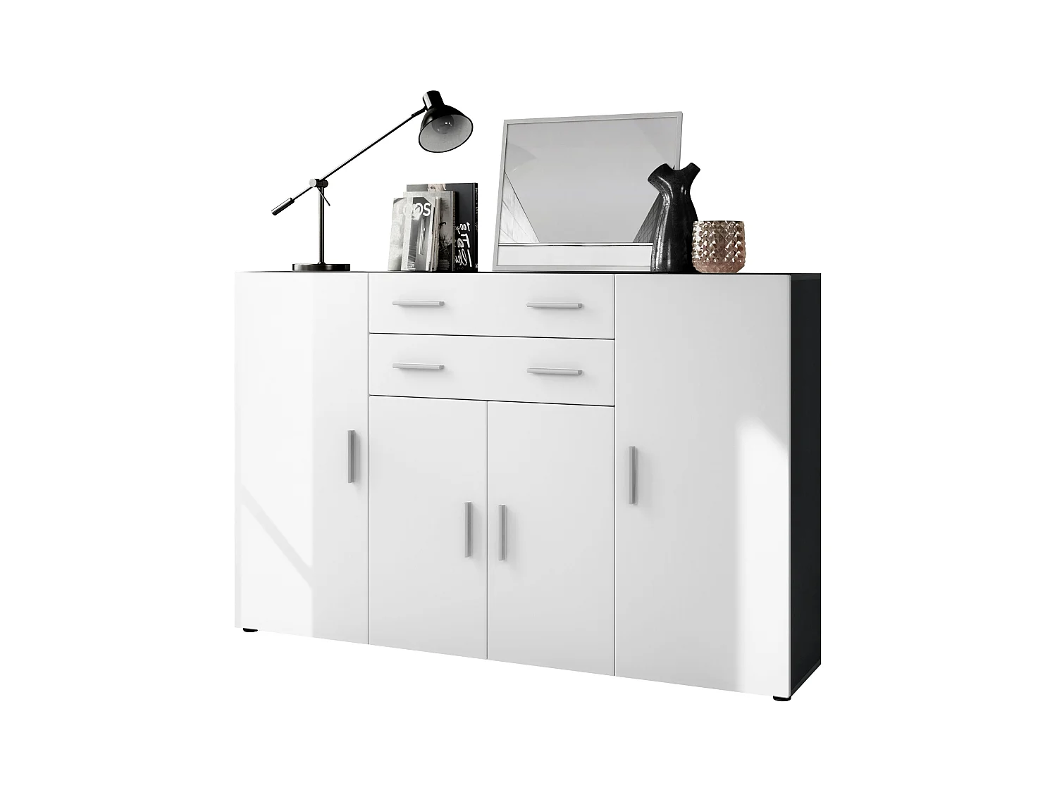 Le Buffet Haut Aron bahut avec 2 tiroirs et 4 portes avec un total de 8 compartiments derrière, anthracite mat/blanc mat (166,5 x 106,5 x 35 cm)