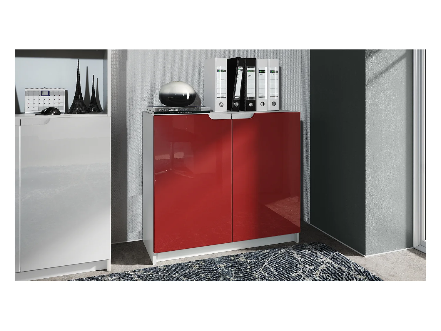 Buffet Logan, Commode avec 2 portes, blanc mat/bordeaux haute brillance (82 x 78 x 37 cm)