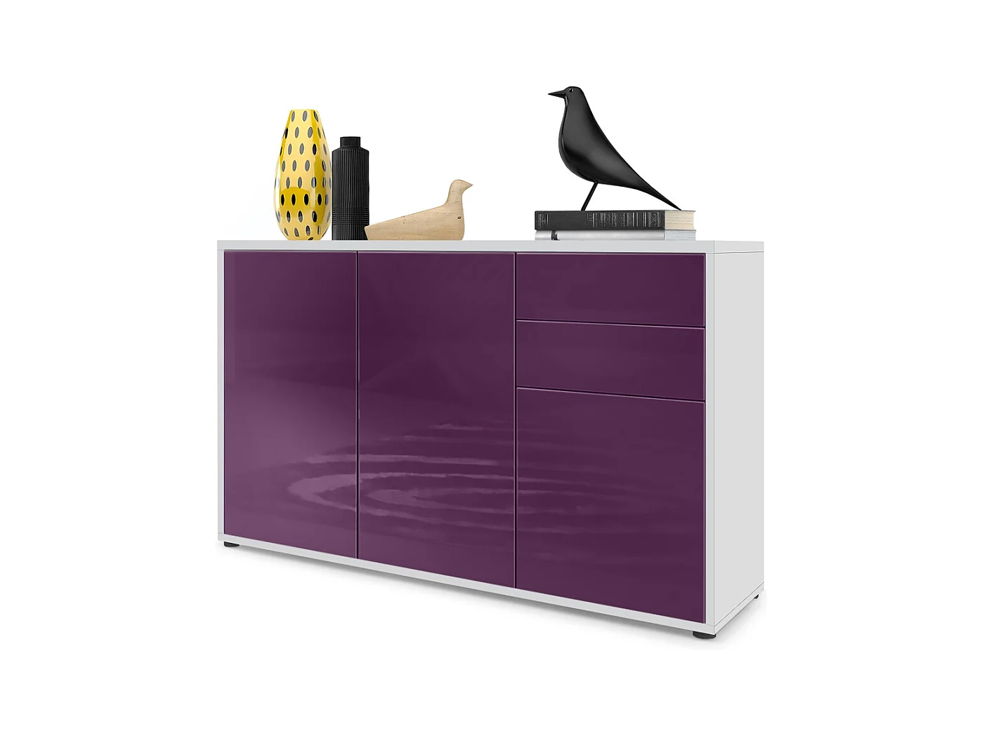 Buffet Ben V3, Commode avec 3 portes et 2 tiroirs, Blanc mat/Mûre haute brillance (117 x 74 x 36 cm)
