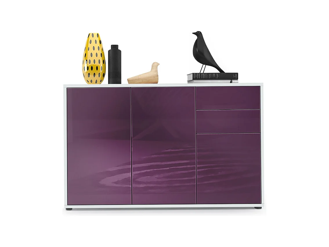 Buffet Ben V3, Commode avec 3 portes et 2 tiroirs, Blanc mat/Mûre haute brillance (117 x 74 x 36 cm)
