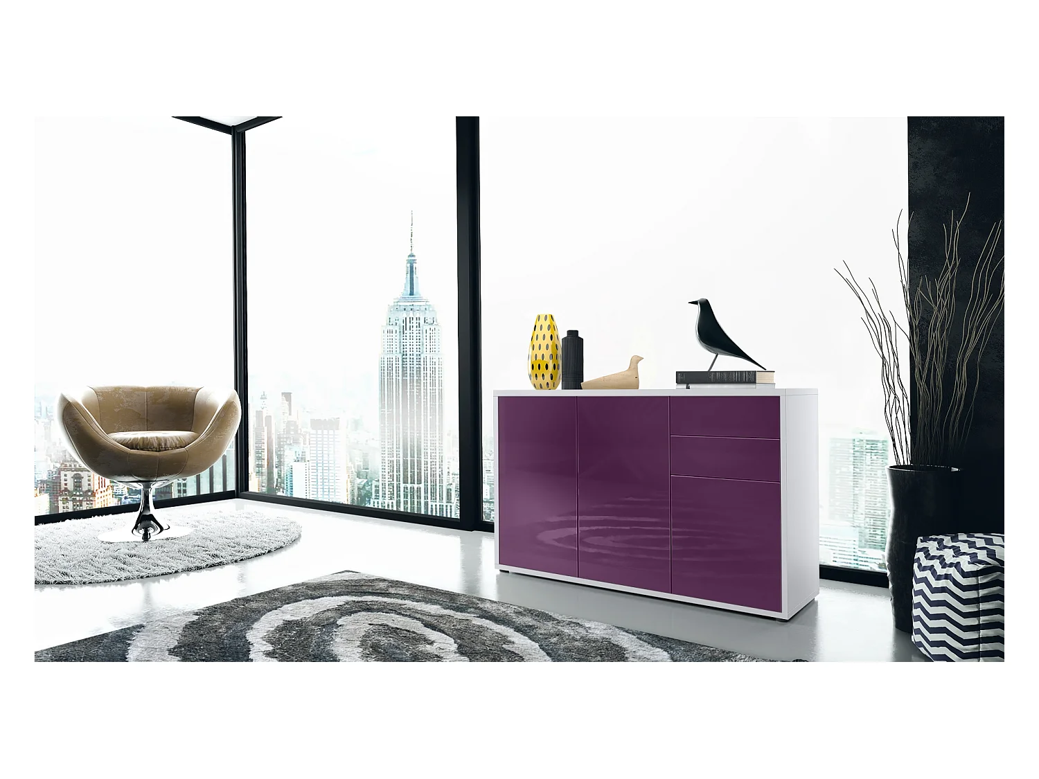 Buffet Ben V3, Commode avec 3 portes et 2 tiroirs, Blanc mat/Mûre haute brillance (117 x 74 x 36 cm)