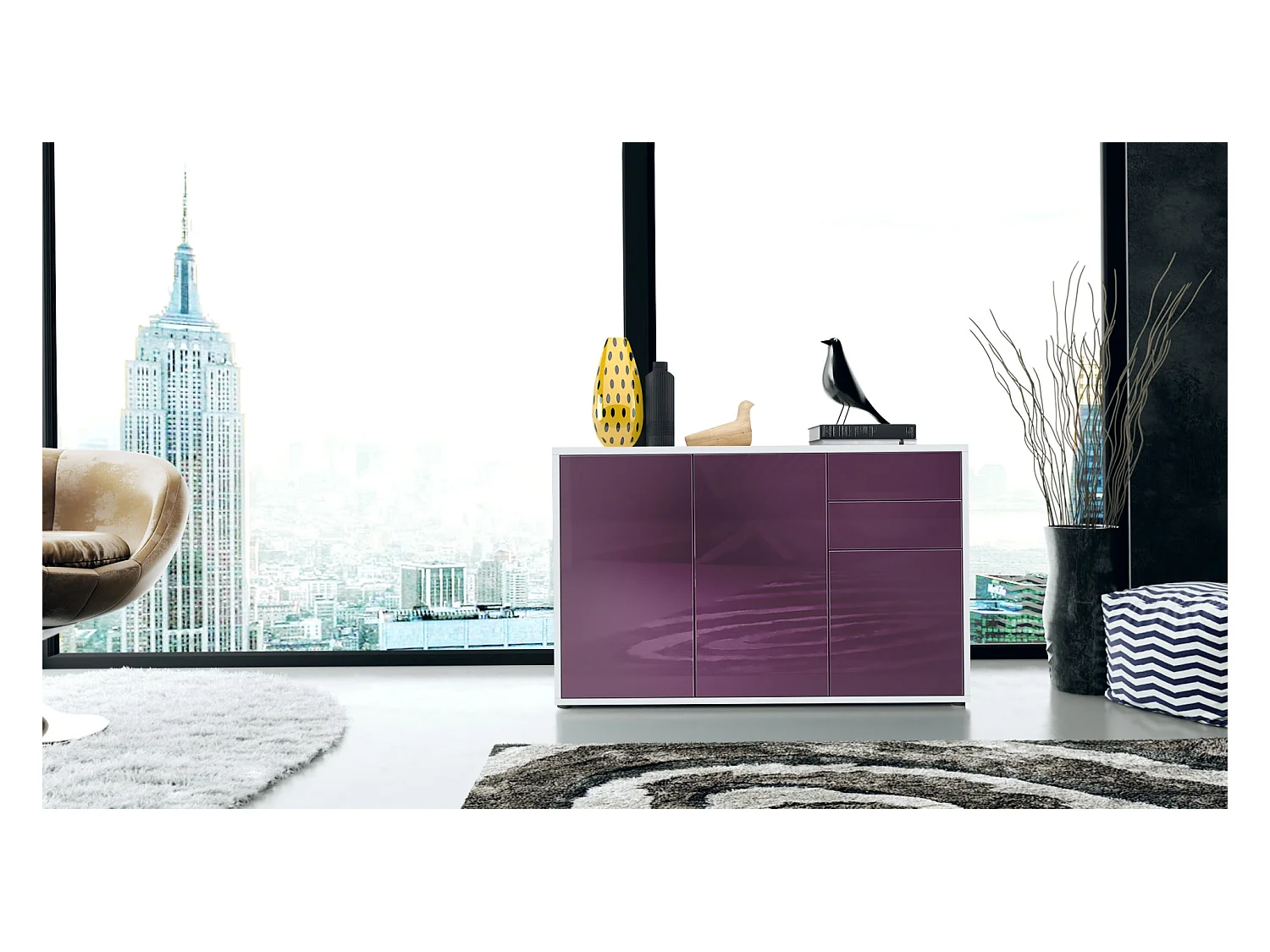 Buffet Ben V3, Commode avec 3 portes et 2 tiroirs, Blanc mat/Mûre haute brillance (117 x 74 x 36 cm)