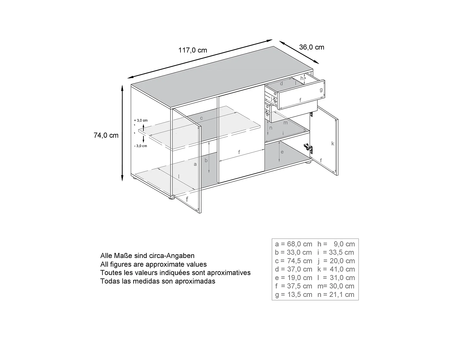 Buffet Ben V3, Commode avec 3 portes et 2 tiroirs, Blanc mat/Mûre haute brillance (117 x 74 x 36 cm)