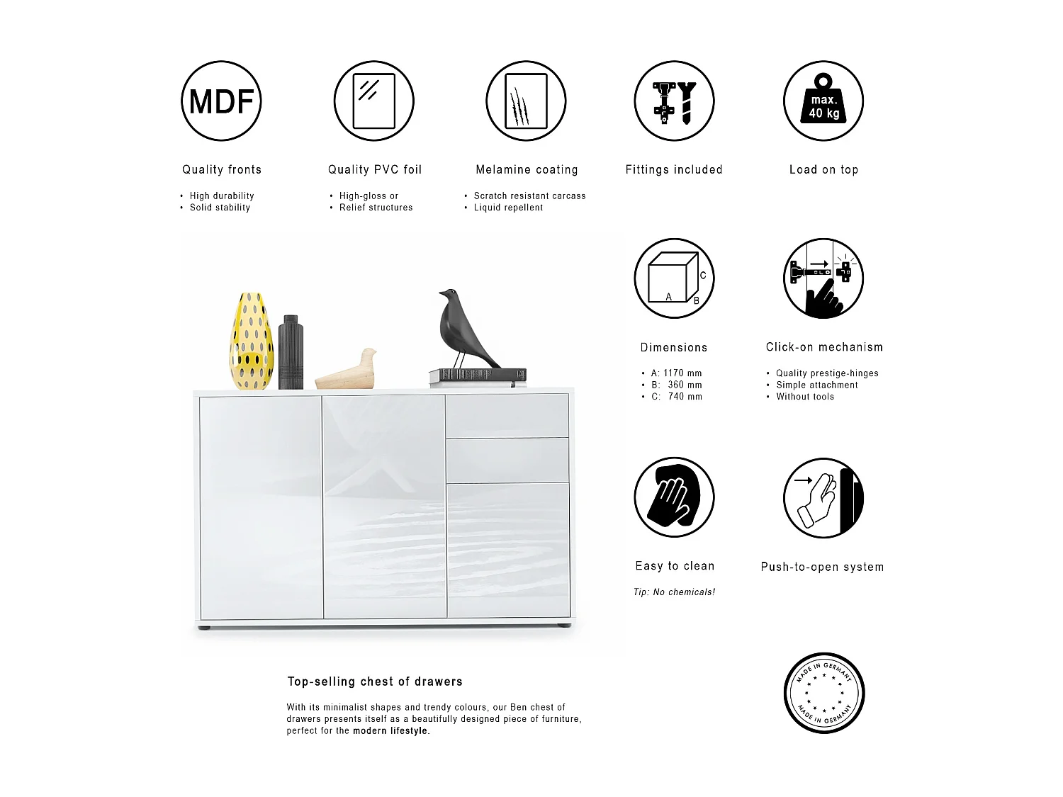KOMMODE Ben Front in Brombeer Hochglanz