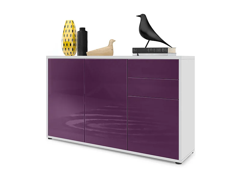 Madia  Ben V3, mobile a 3 ante e 2 cassetti, bianco opaco/violetto-porpora (117 x 74 x 36 cm)