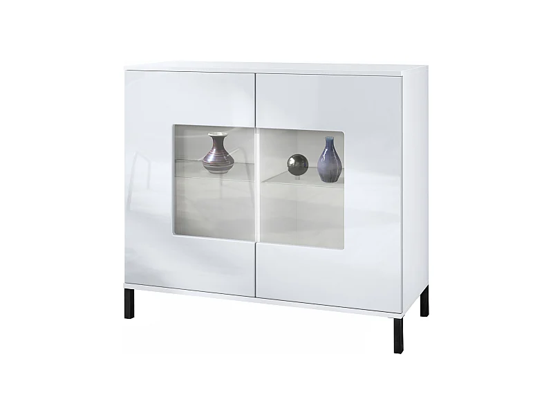 Commode Grömitz V3, Armoire de cuisine moderne avec 2 grandes portes vitrées blanc mat / blanc haute brillance (92,5 x 83.5 x 35)
