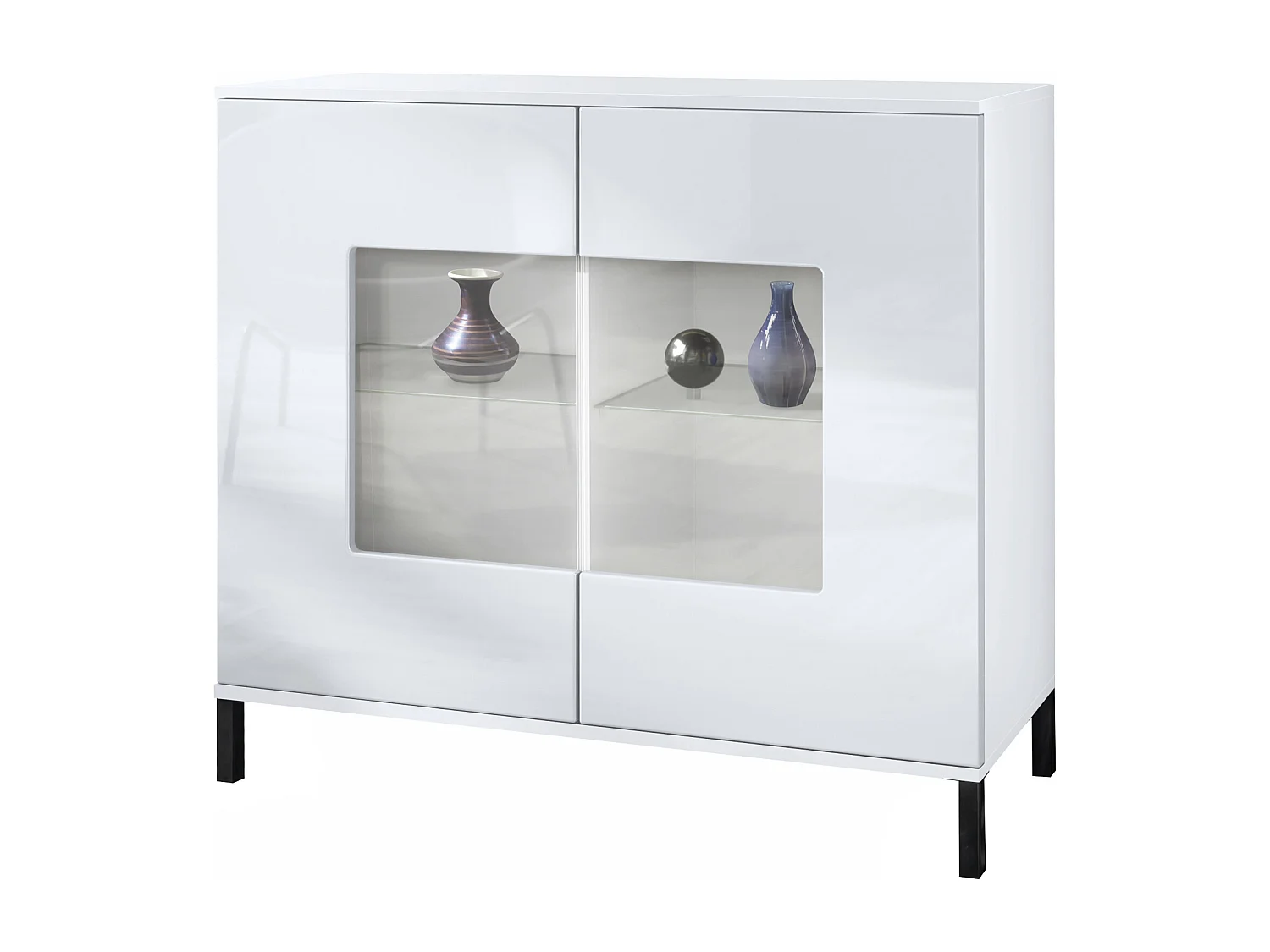 Commode Grömitz V3, Armoire de cuisine moderne avec 2 grandes portes vitrées blanc mat / blanc haute brillance (92,5 x 83.5 x 35)