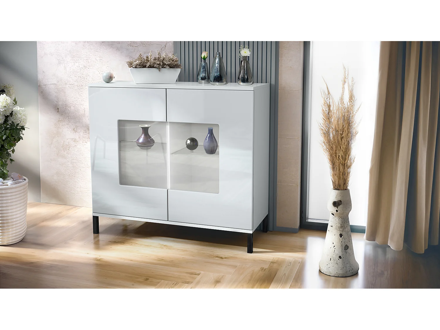 Commode Grömitz V3, Armoire de cuisine moderne avec 2 grandes portes vitrées blanc mat / blanc haute brillance (92,5 x 83.5 x 35)