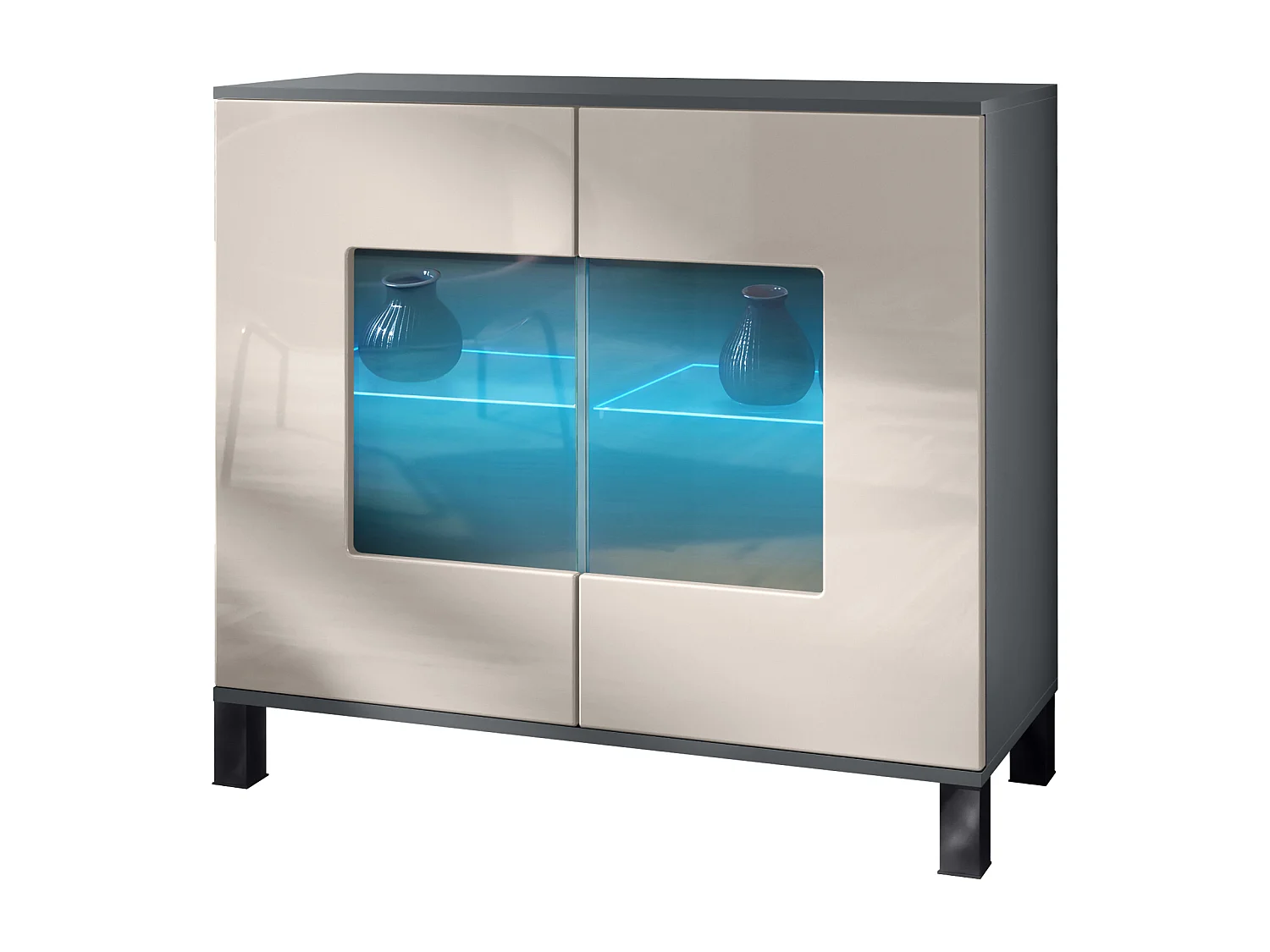 Commode Grömitz V3, Armoire de cuisine moderne avec 2 grandes portes vitrées incl. éclairage RGB anthracite mat / gris sable haute brillance (92,5 x 84.5 x 35)