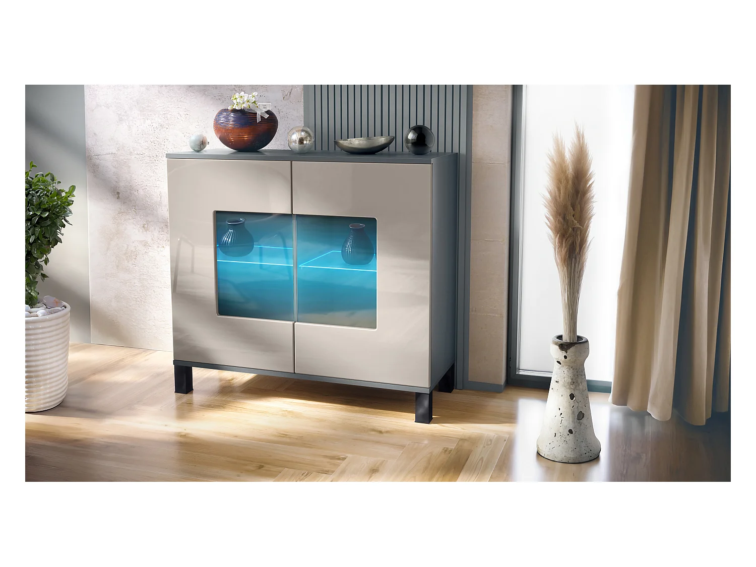 Commode Grömitz V3, Armoire de cuisine moderne avec 2 grandes portes vitrées incl. éclairage RGB anthracite mat / gris sable haute brillance (92,5 x 84.5 x 35)