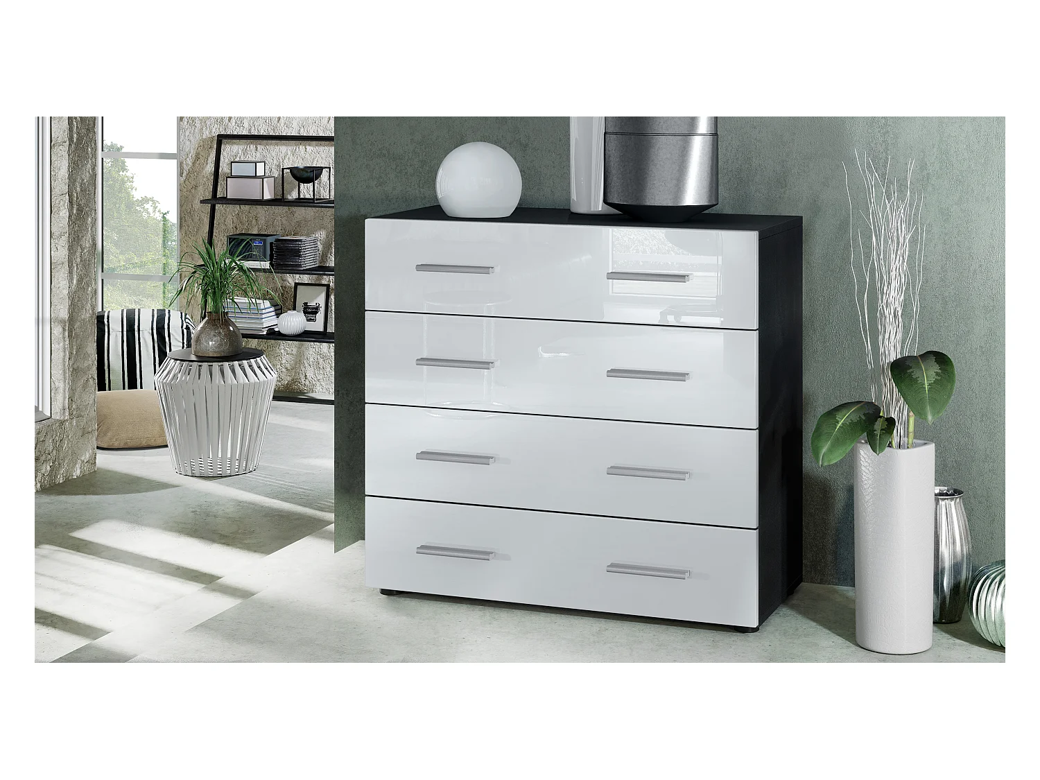 Buffet Pavos, Commode avec 4 tiroirs, noir mat/blanc haute brillance (76 x 72 x 35 cm)