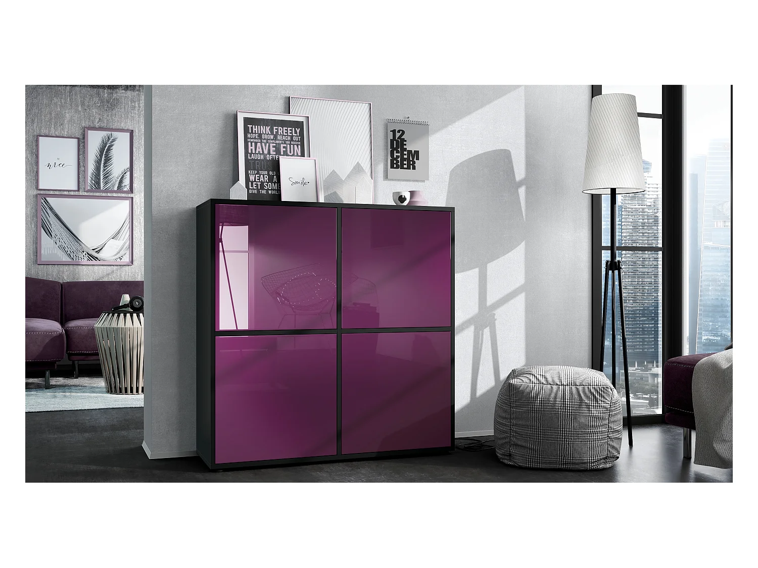 Highboard Cuba V2 Placard 104 x 105,5 x 35,5 cm Buffet à 8 compartiments, caisson en noir mat / façades en Mûre laqué haute brillance