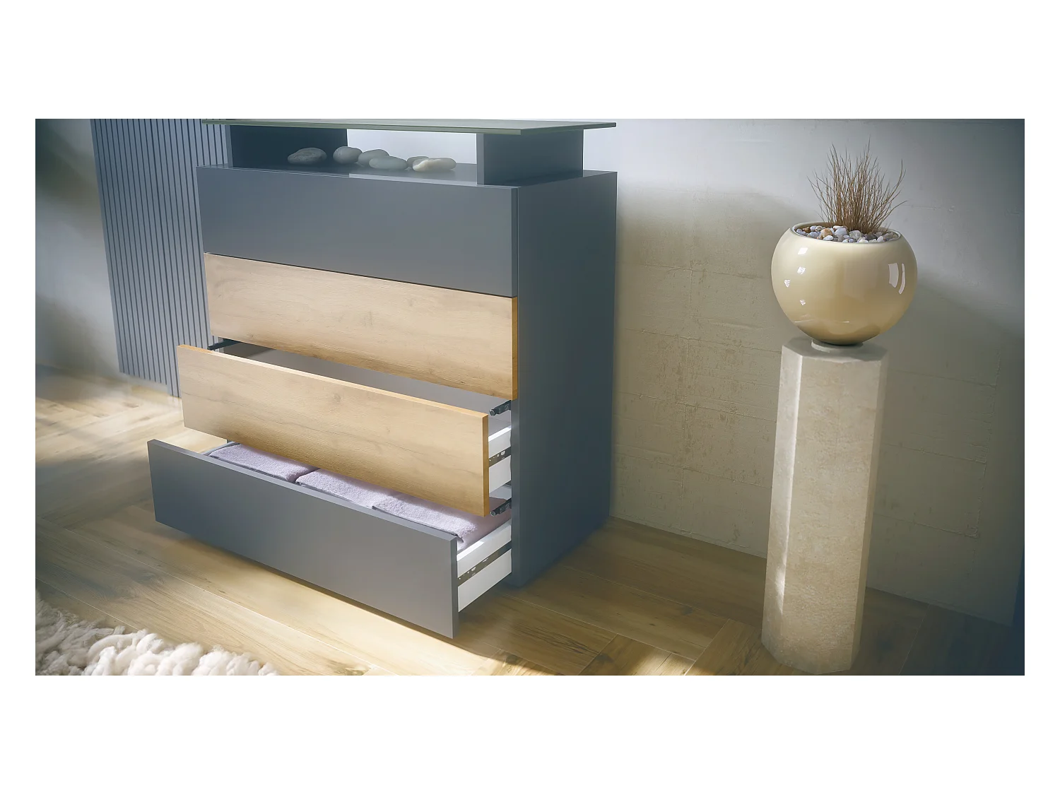 Buffet Pavos V2, Commode avec 4 tiroirs et mini-étagère en verre, anthracite mat/noir mat (76 x 81 x 35 cm)