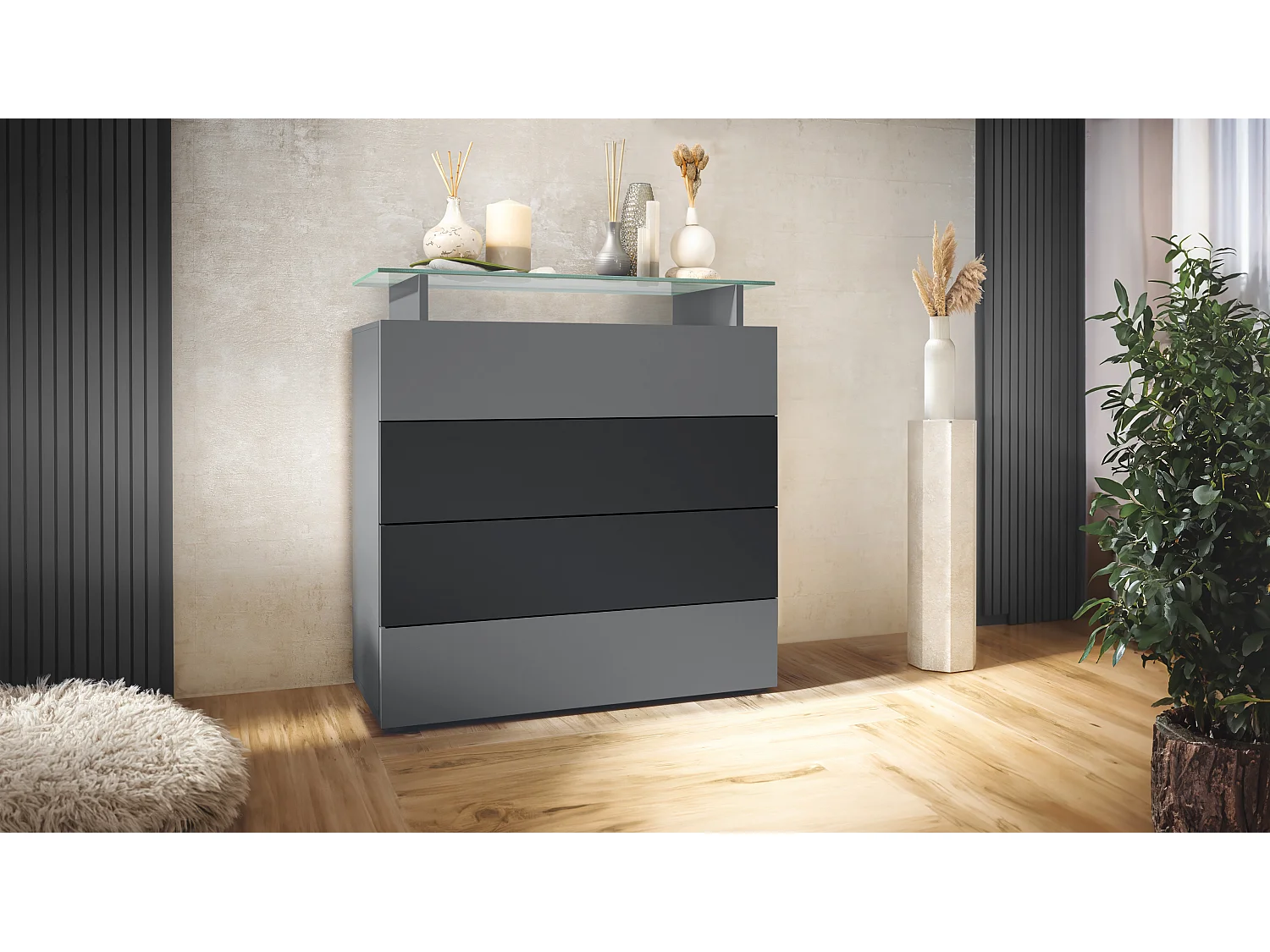 Buffet Pavos V2, Commode avec 4 tiroirs et mini-étagère en verre, anthracite mat/noir mat (76 x 81 x 35 cm)