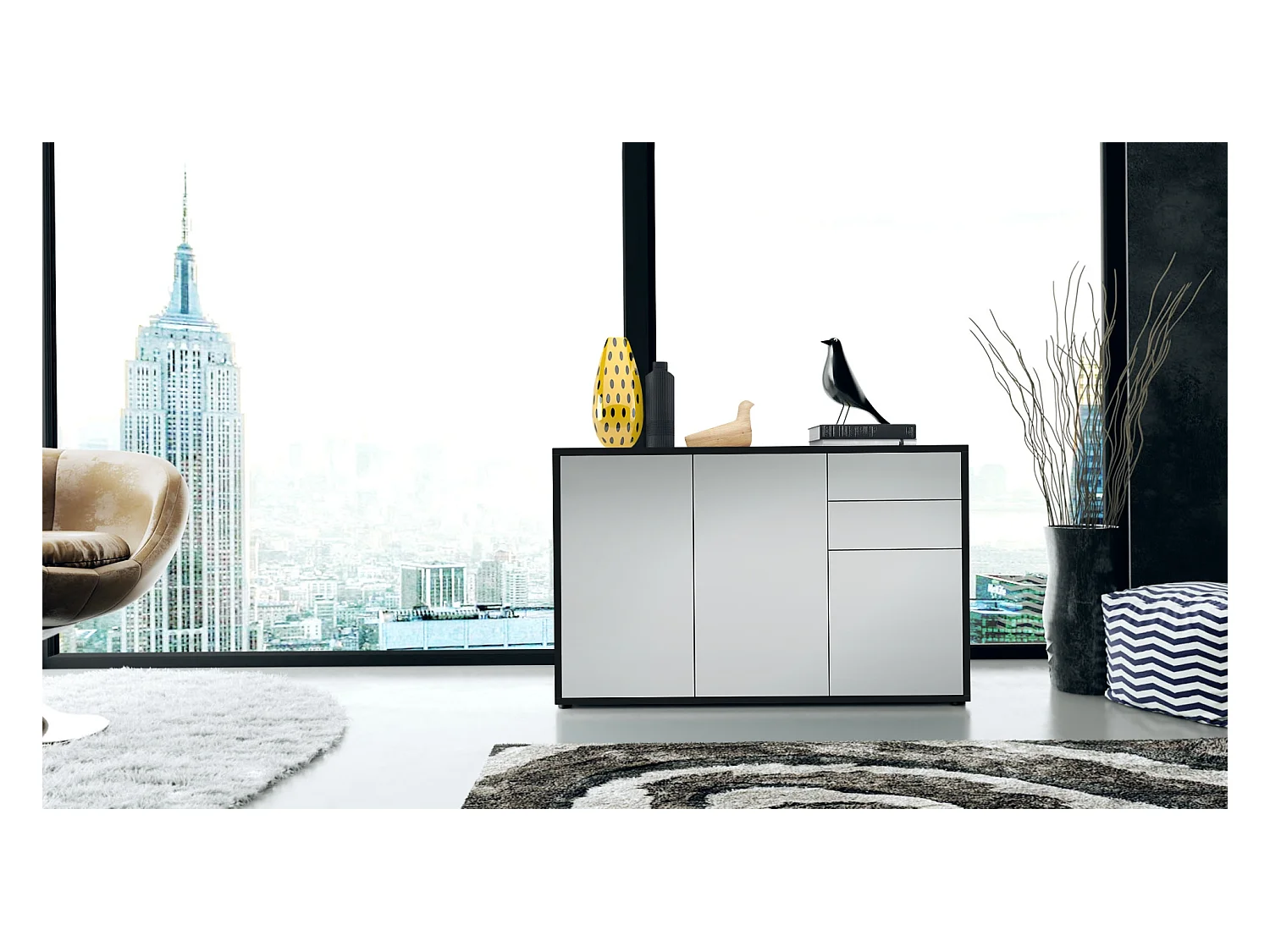 Buffet Ben V3, Commode avec 3 portes et 2 tiroirs, Noir mat/Gris clair satiné mat (117 x 74 x 36 cm)