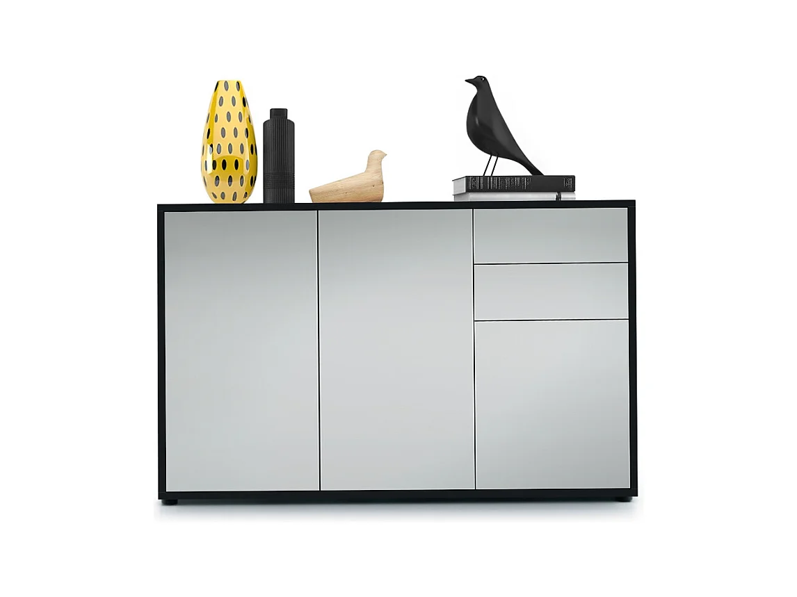 Buffet Ben V3, Commode avec 3 portes et 2 tiroirs, Noir mat/Gris clair satiné mat (117 x 74 x 36 cm)