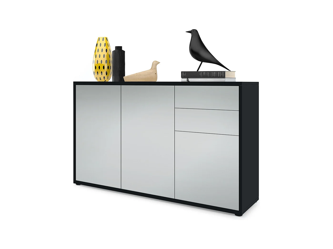 Buffet Ben V3, Commode avec 3 portes et 2 tiroirs, Noir mat/Gris clair satiné mat (117 x 74 x 36 cm)