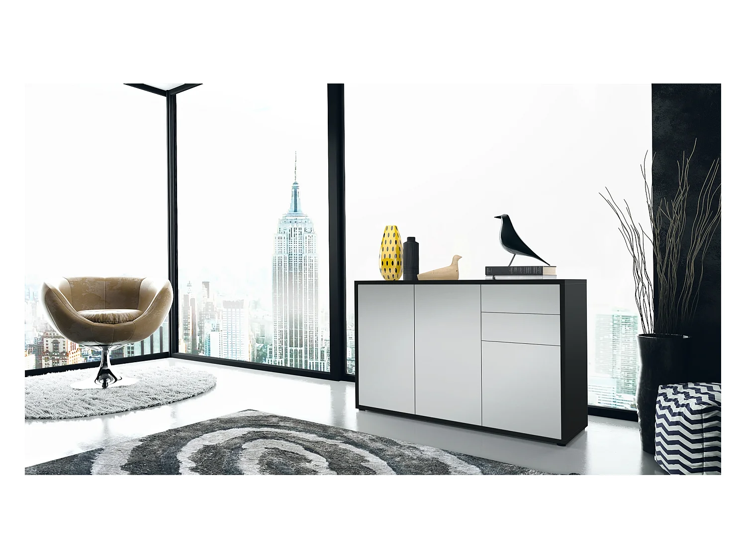 Buffet Ben V3, Commode avec 3 portes et 2 tiroirs, Noir mat/Gris clair satiné mat (117 x 74 x 36 cm)