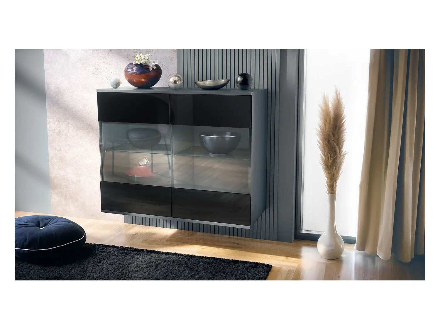 Commode Bari V3, Armoire de cuisine moderne avec 2 grandes portes vitrées anthracite mat / noir haute brillance (92,5 x 73.5 x 35)