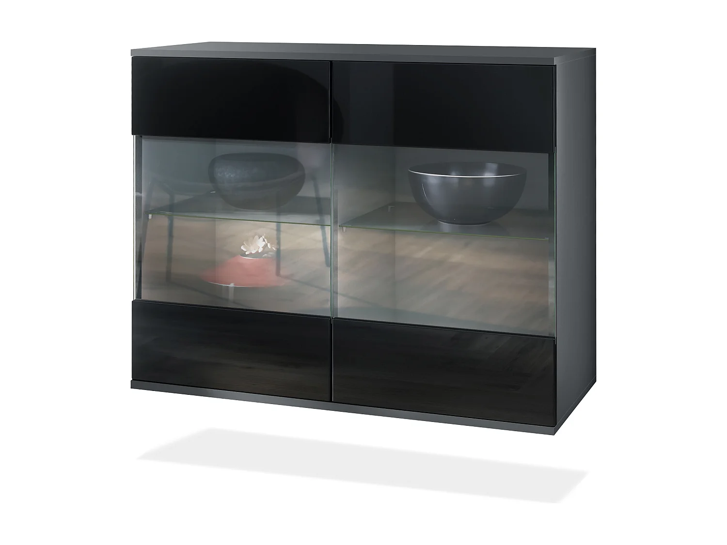 Cómoda Bari V3, Moderno armario de cocina con 2 grandes puertas de cristal antracita mate / negro de alto brillo (92,5 x 73.5 x 35)