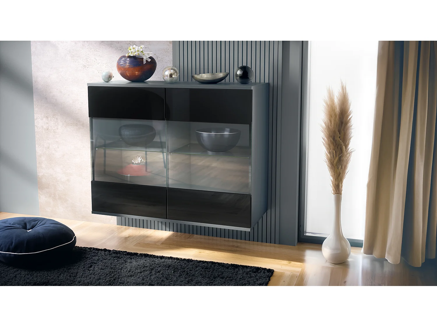 Cómoda Bari V3, Moderno armario de cocina con 2 grandes puertas de cristal antracita mate / negro de alto brillo (92,5 x 73.5 x 35)