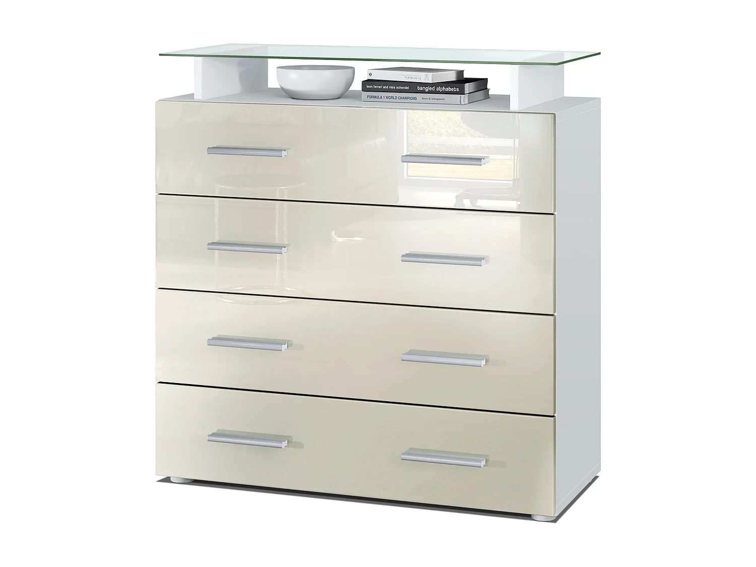 Buffet Pavos V2, Commode avec 4 tiroirs et mini-étagère en verre, blanc mat/crème haute brillance (76 x 81 x 35 cm)