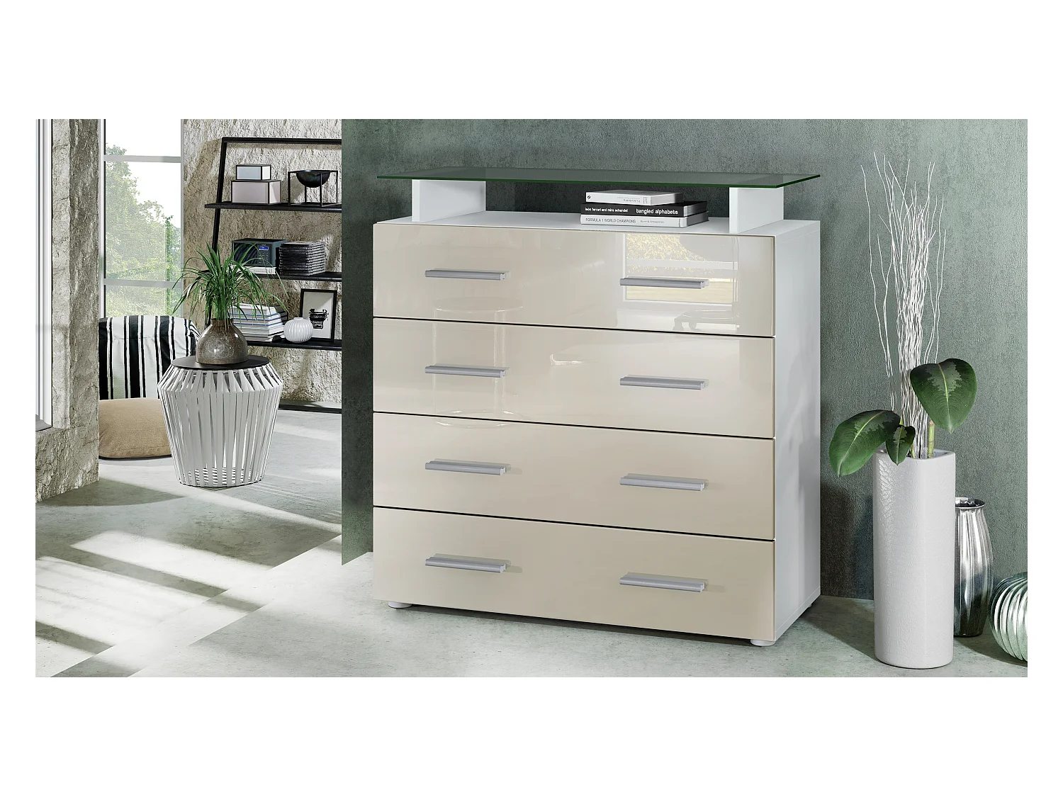 Buffet Pavos V2, Commode avec 4 tiroirs et mini-étagère en verre, blanc mat/crème haute brillance (76 x 81 x 35 cm)