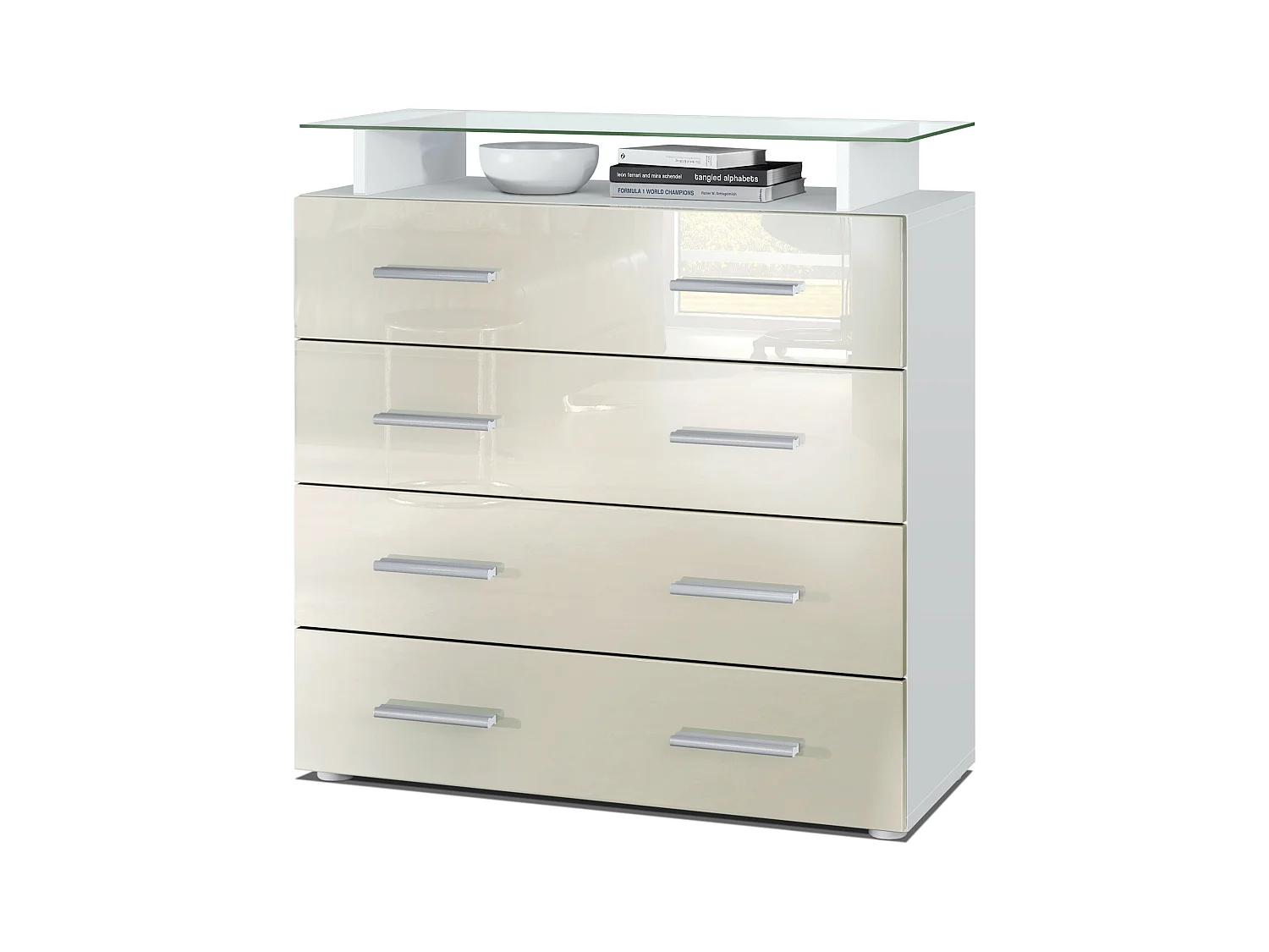 Buffet Pavos V2, Commode avec 4 tiroirs et mini-étagère en verre, blanc mat/crème haute brillance (76 x 81 x 35 cm)