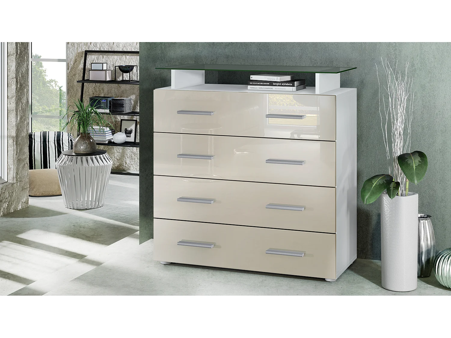 Buffet Pavos V2, Commode avec 4 tiroirs et mini-étagère en verre, blanc mat/crème haute brillance (76 x 81 x 35 cm)