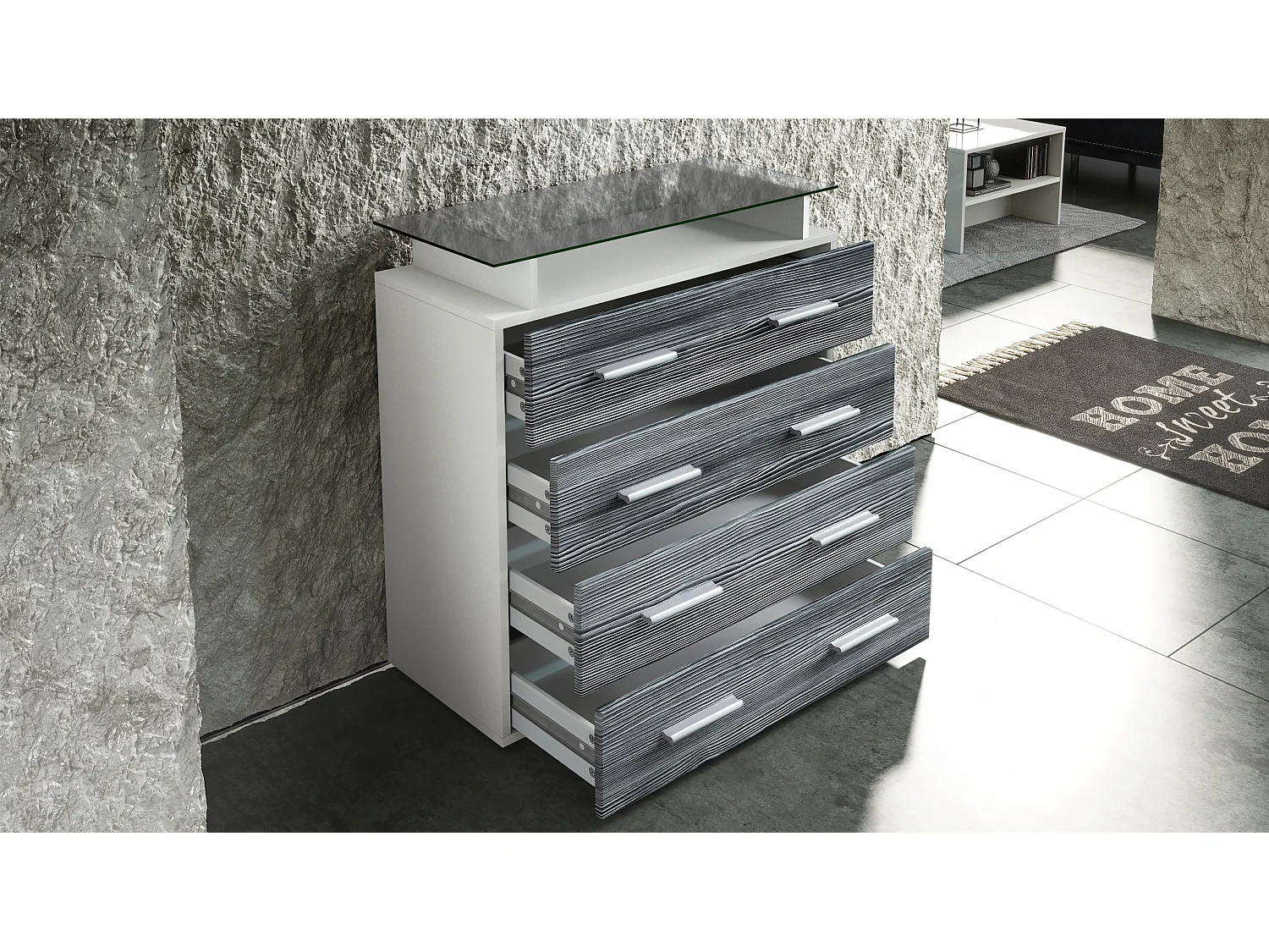 Buffet Pavos V2, Commode avec 4 tiroirs et mini-étagère en verre, blanc mat/crème haute brillance (76 x 81 x 35 cm)