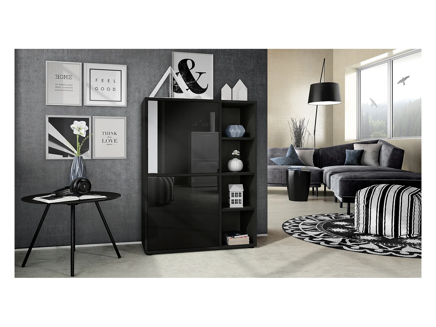 Buffet haut Cuba avec 8 compartiments, caisson en noir mat / Façades en Noir laqué haute brillance