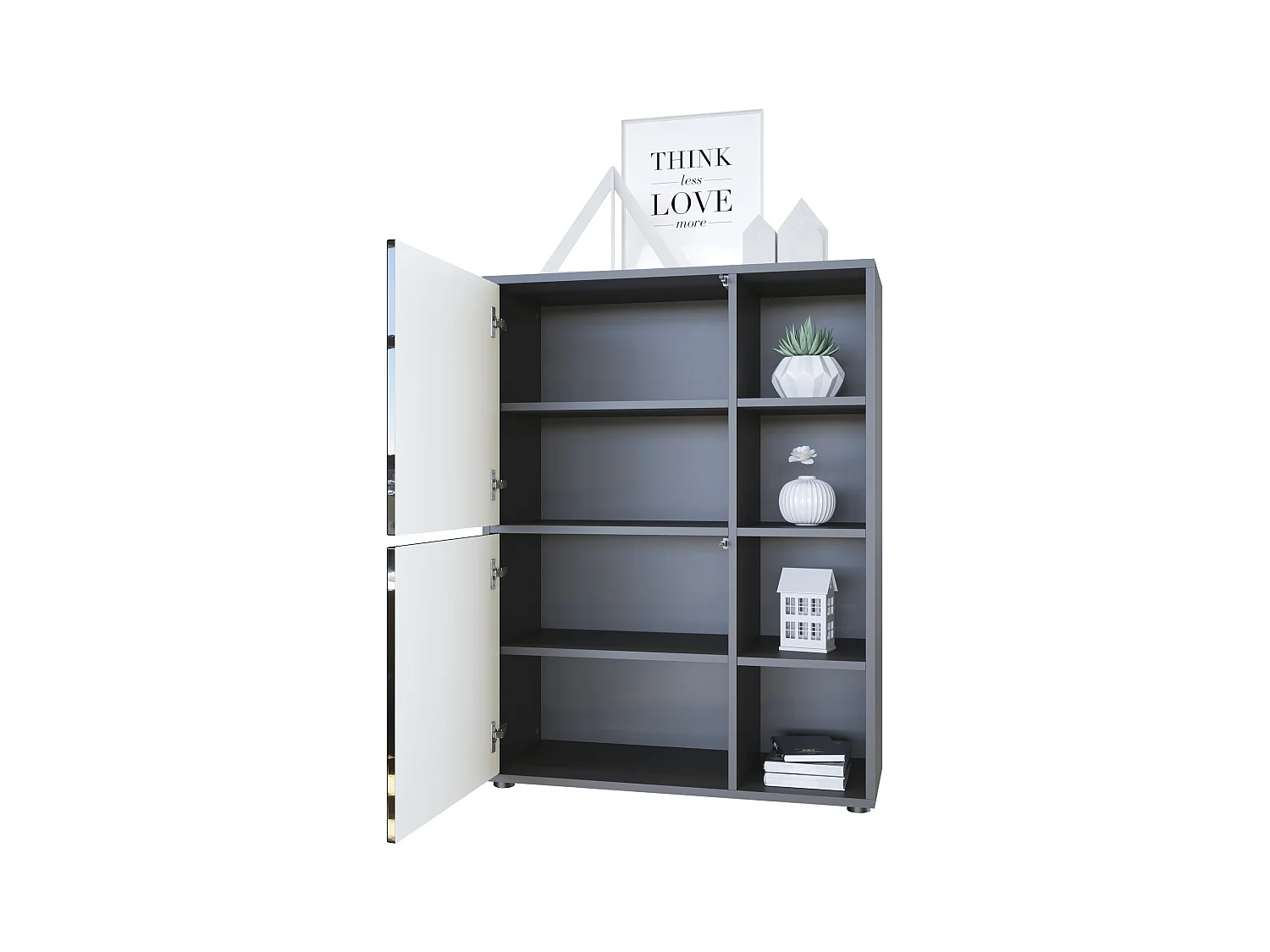 Buffet haut Cuba avec 8 compartiments, caisson en noir mat / Façades en Noir laqué haute brillance