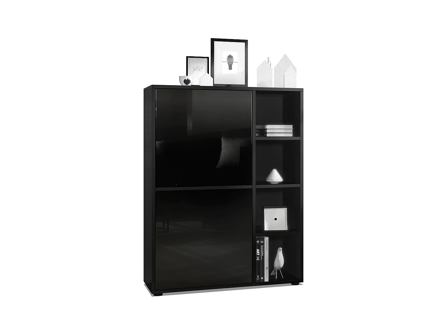 Buffet haut Cuba avec 8 compartiments, caisson en noir mat / Façades en Noir laqué haute brillance
