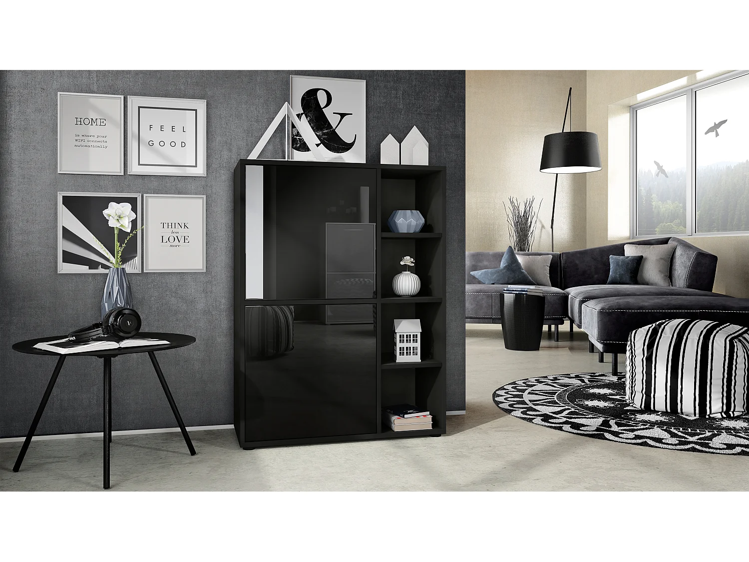 Credenza  Cuba 79 x 105,5 x 35,5 cm Credenza con 8 ripiani, struttura in nero opaco / ante in nero lucido