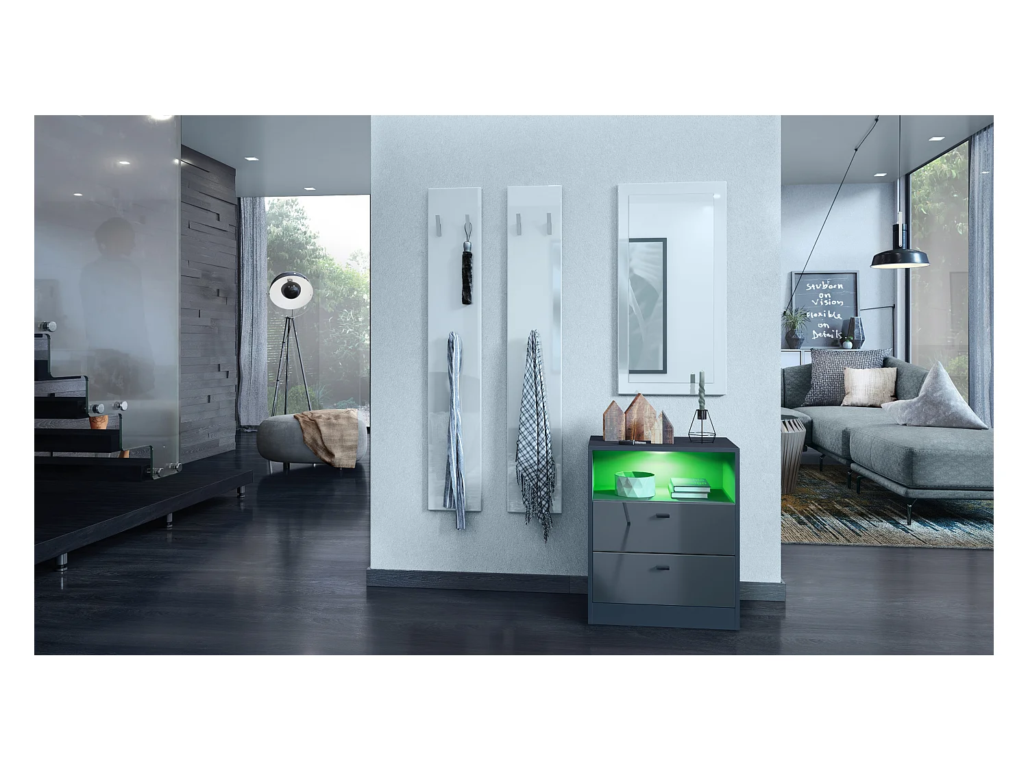 Buffet Pino V1, table de chevet avec 2 tiroirs & 1 compartiment ouvert, Anthracite mat/Gris haute brillance avec éclairage LED RVB (56 x 67,5 x 36 cm)