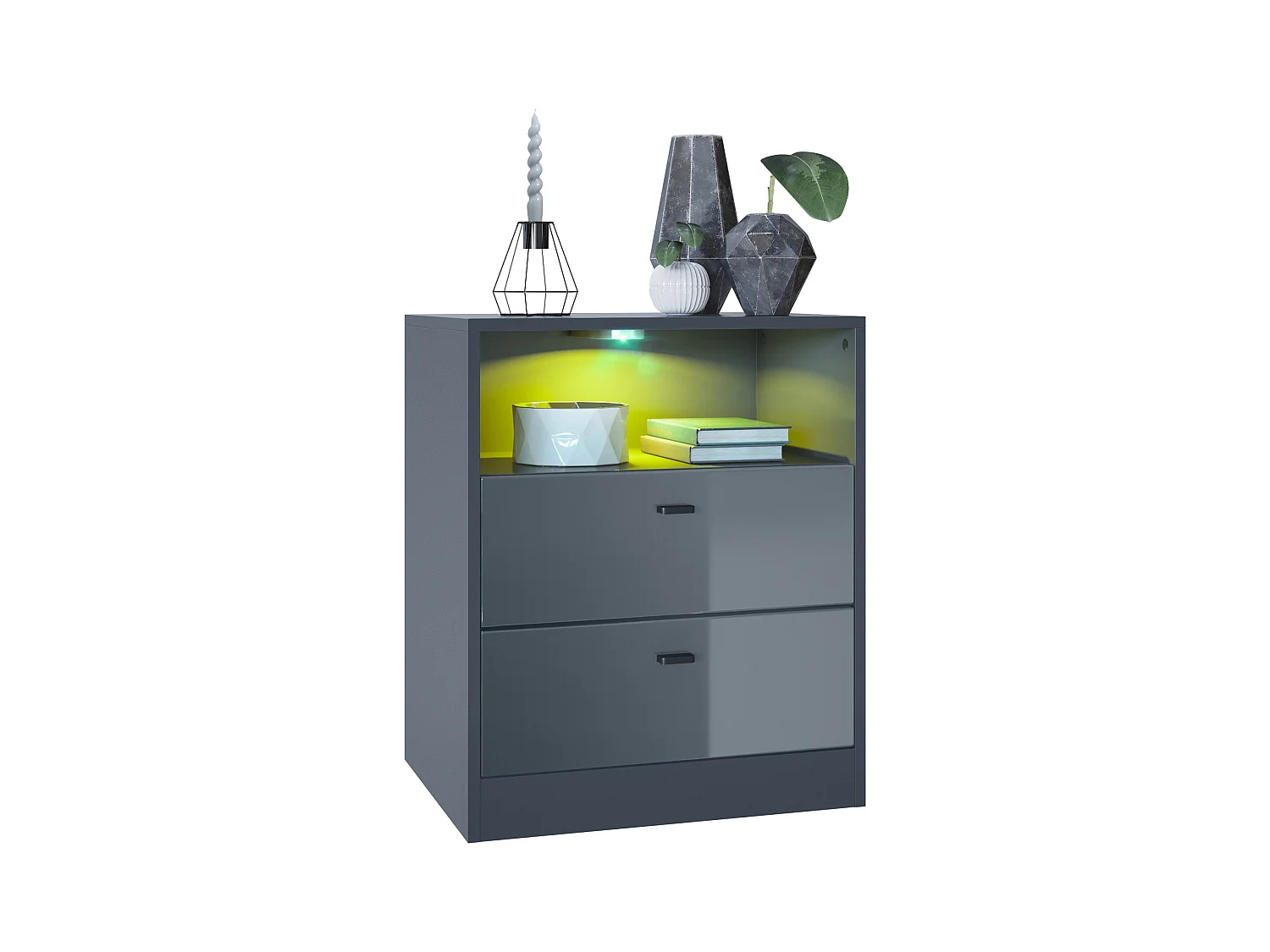 Buffet Pino V1, table de chevet avec 2 tiroirs & 1 compartiment ouvert, Anthracite mat/Gris haute brillance avec éclairage LED RVB (56 x 67,5 x 36 cm)