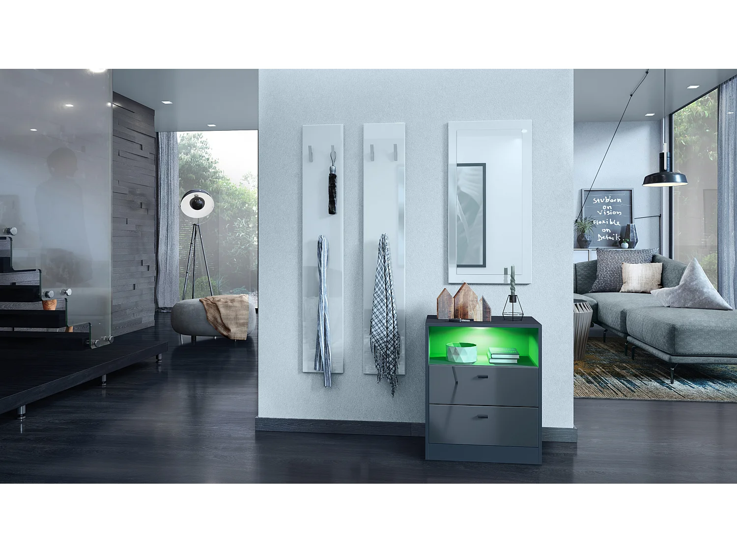 Cassettiera Pino V1, Comodino con 2 cassetti e 1 vano a giorno, antracite/grigio lucido con LED RGB (56 x 67,5 x 36 cm)