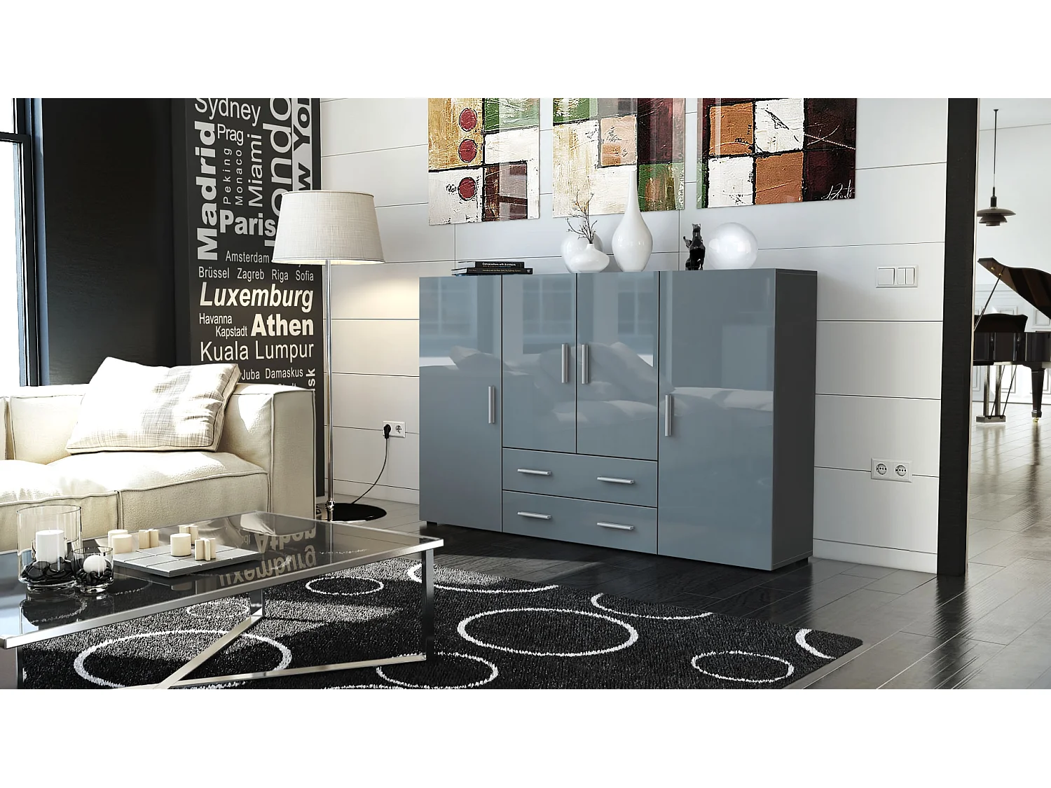 Highboard Nora Sideboard with 2 drawers and 4 doors with a total of 8 compartments behind, antracite opaco /grigio lucido (166.5 x 106.5 x 35 cm)