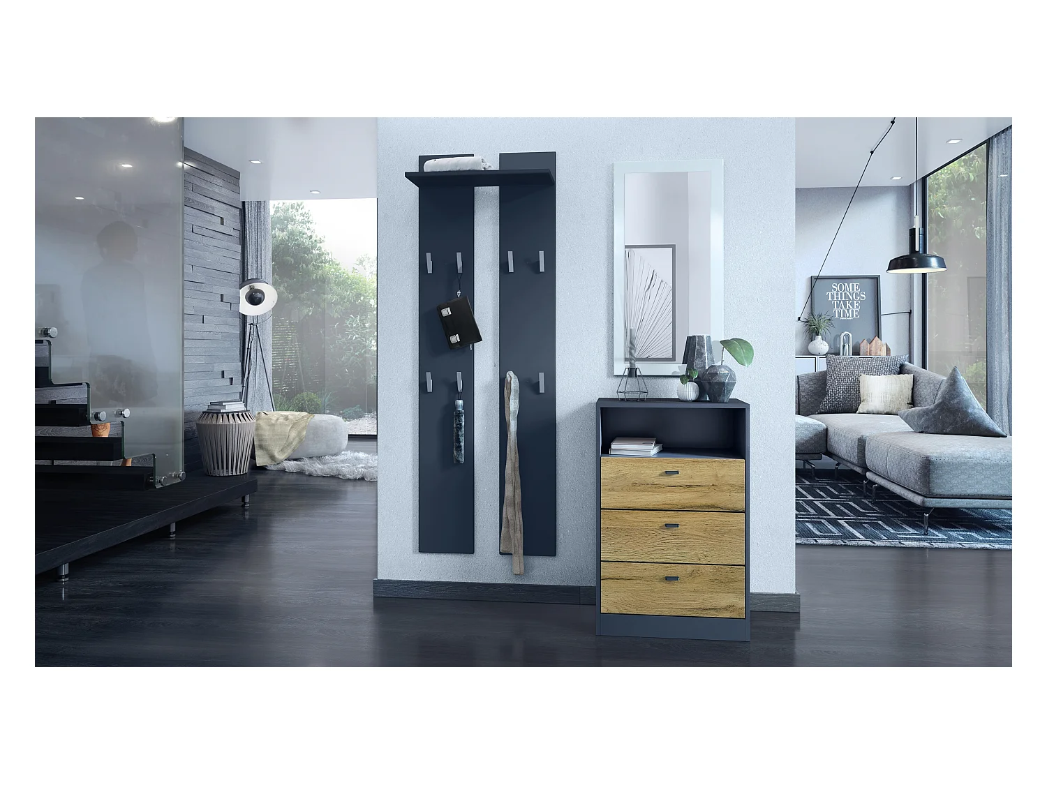 Commode Buffet Pino V2, avec 3 tiroirs & 1 compartiment ouvert, Anthracite mat /Chêne Nature sans LED (56 x 86,5 x 36 cm)