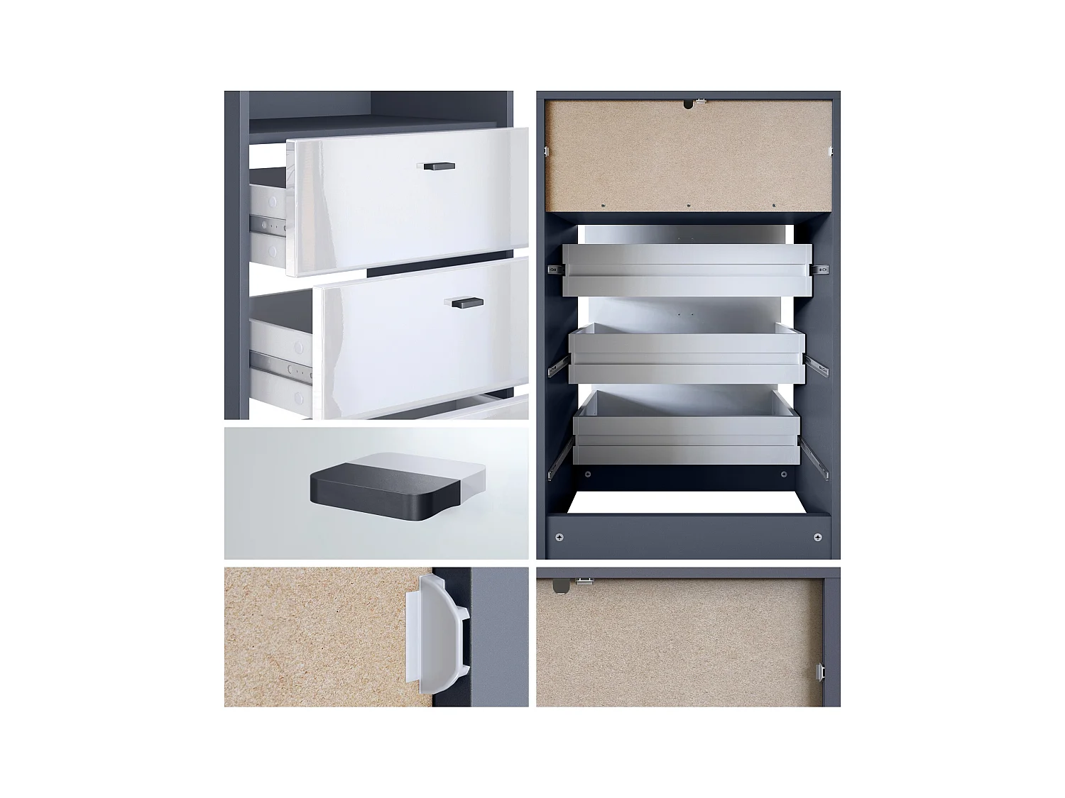 Commode Buffet Pino V2, avec 3 tiroirs & 1 compartiment ouvert, Anthracite mat /Chêne Nature sans LED (56 x 86,5 x 36 cm)