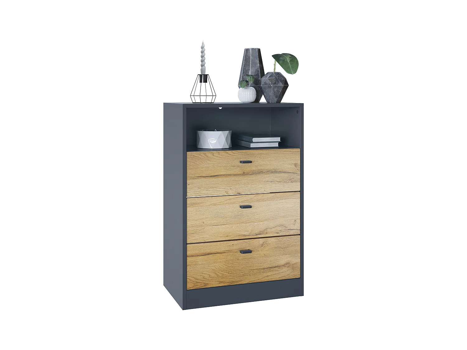 Commode Buffet Pino V2, avec 3 tiroirs & 1 compartiment ouvert, Anthracite mat /Chêne Nature sans LED (56 x 86,5 x 36 cm)