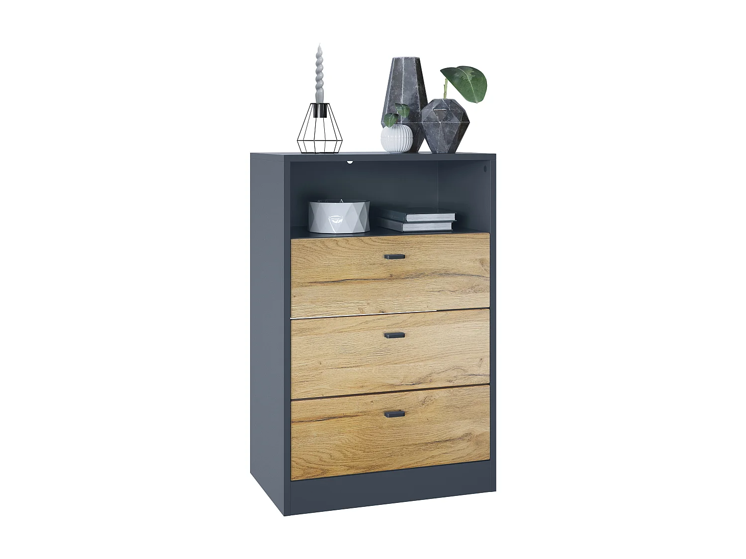Cassettiera Pino V2, Credenza con 3 cassetti e 1 vano a giorno, antracite/quercia naturale senza LED (56 x 86,5 x 36 cm)
