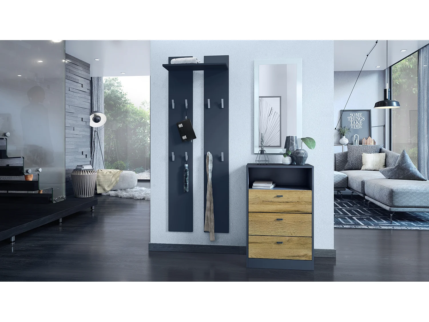 Cassettiera Pino V2, Credenza con 3 cassetti e 1 vano a giorno, antracite/quercia naturale senza LED (56 x 86,5 x 36 cm)